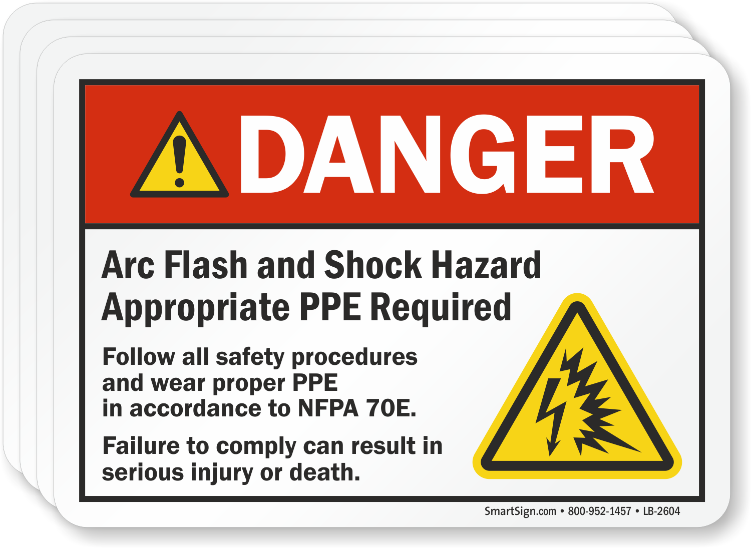 Arc-flash and shock warning labels on gear
