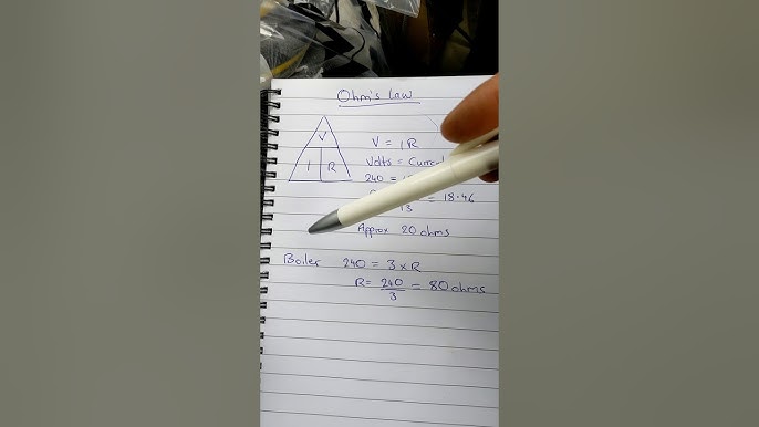 Ohm’s law, power triangle, and common electrical formulas on a notepad